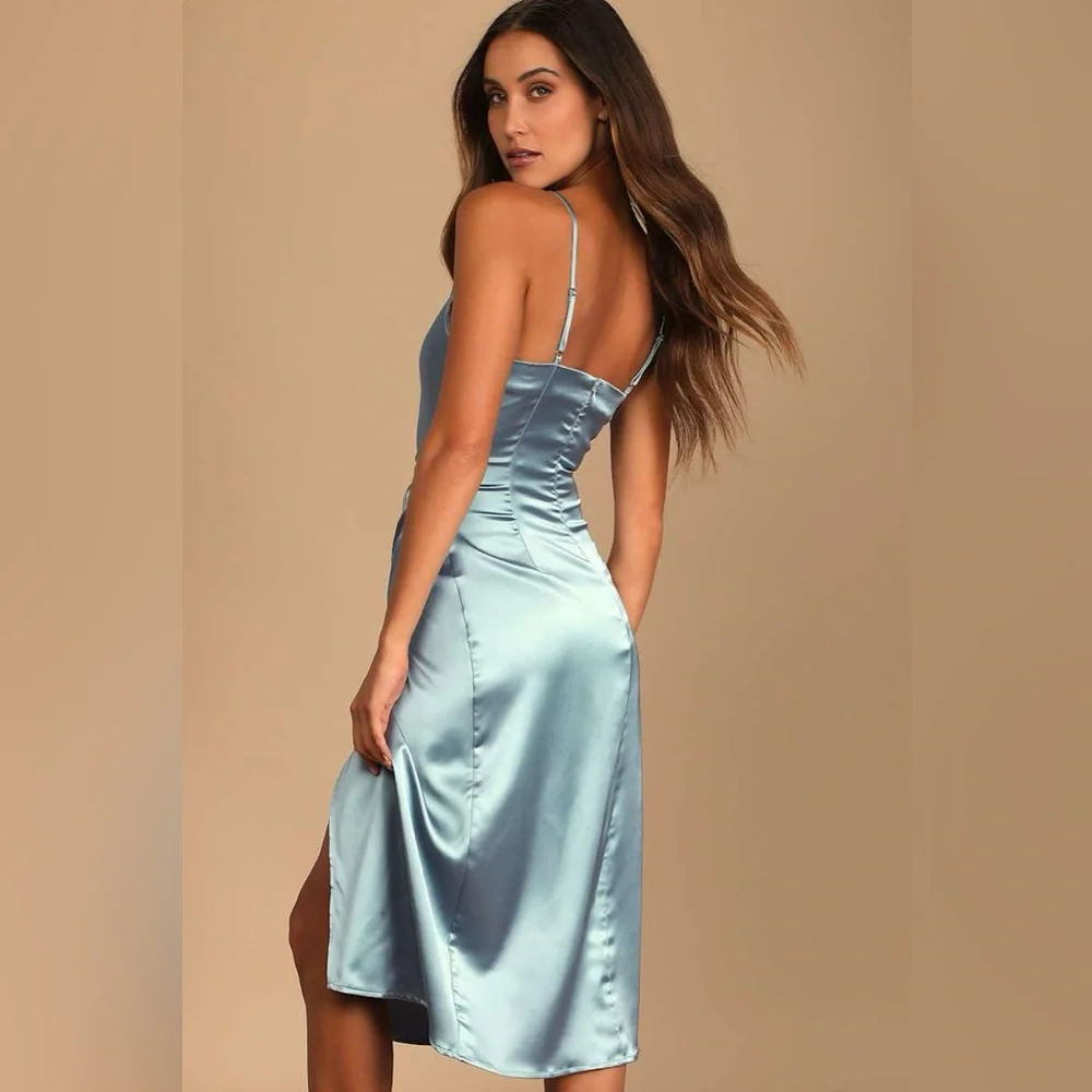 NWT Lulus Hollywood Woman Dusty Blue Satin Midi Dress MD - Picture 2 of 9